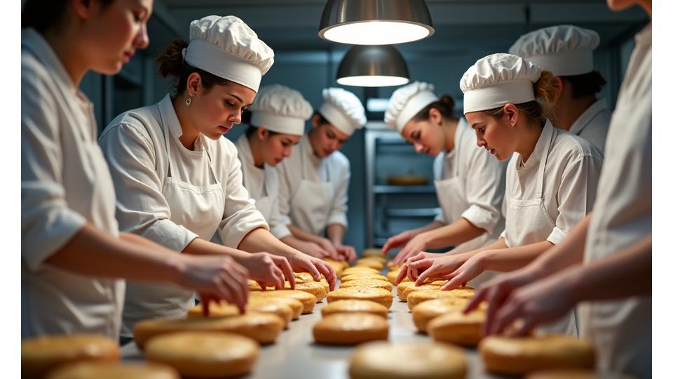 Team von Bäckern beim Arbeiten in einer professionellen Konditorei.